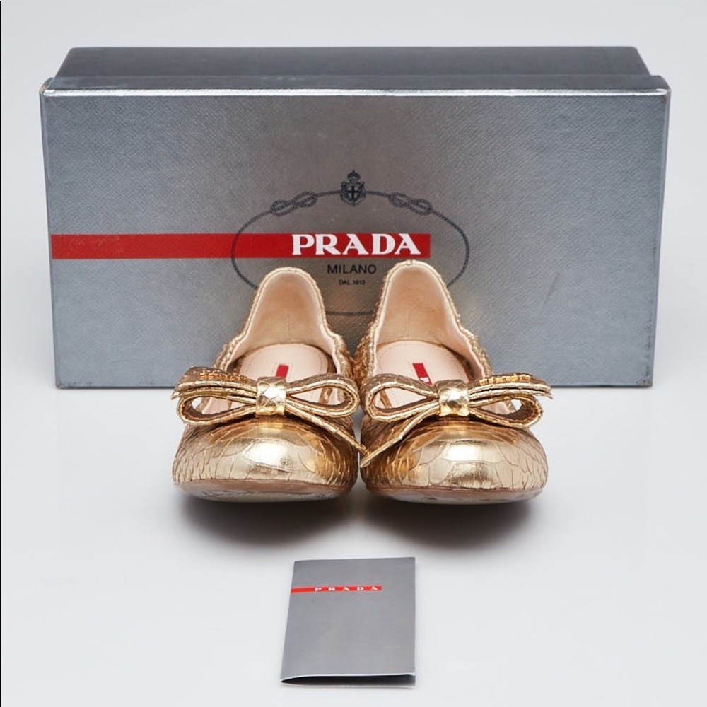Prada Gold Snakeskin Elastic Bow Ballet